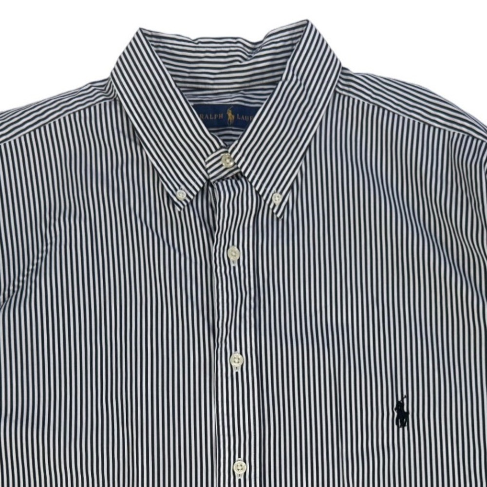 Ralph Lauren Men XLT Tall Navy Blue White Striped Cotton Button Down Shirt Pony